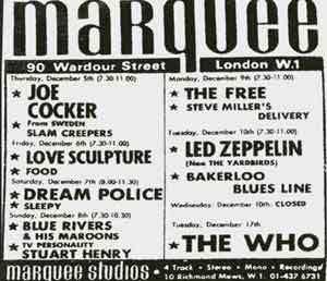 Marquee Club. Wardour Street. Newspaper Advert 1968